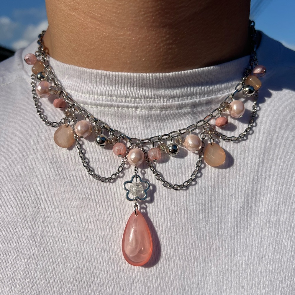 POPULAR - Pink Teardrop Necklace with Faux Pearls and Silver Chains